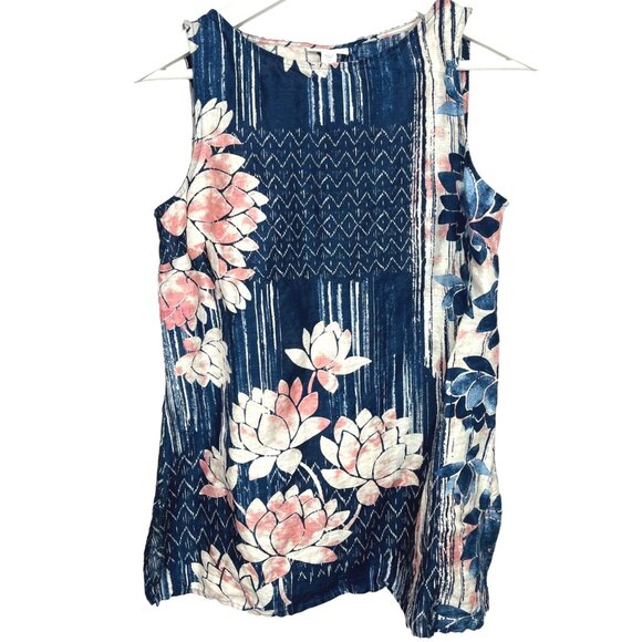 J Jill Pure Jill Linen Sleeveless Floral Blouse Navy Blue Lightweight Top XS - Picture 1 of 8